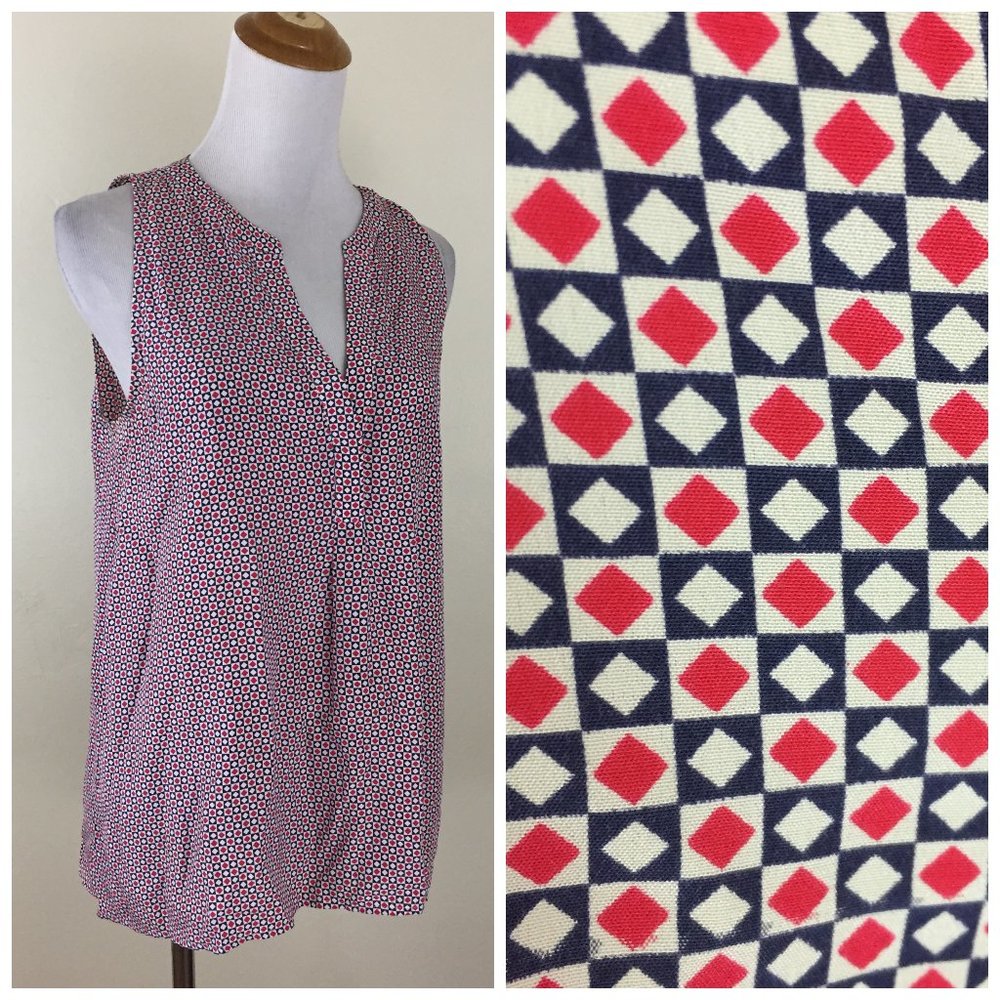 JOIE Red White Blue Print 100% Silk Cut V Neck Sleeveless Top